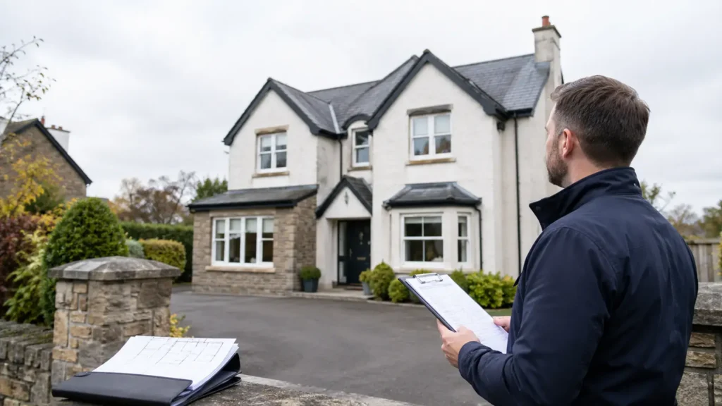 A man, likely a property inspector or appraiser, stands in the foreground looking toward a large, two-story white house. He is viewed from the side/behind and is holding a clipboard. In the immediate foreground, a black folder containing building plans rests open on a stone wall.